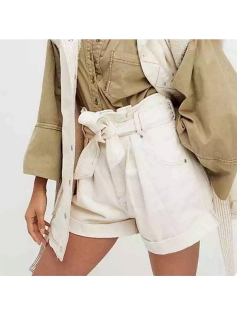 We The Free M Nova Ivory Paper Bag High Ruffle Waist Belted Cuffed Denim Shorts